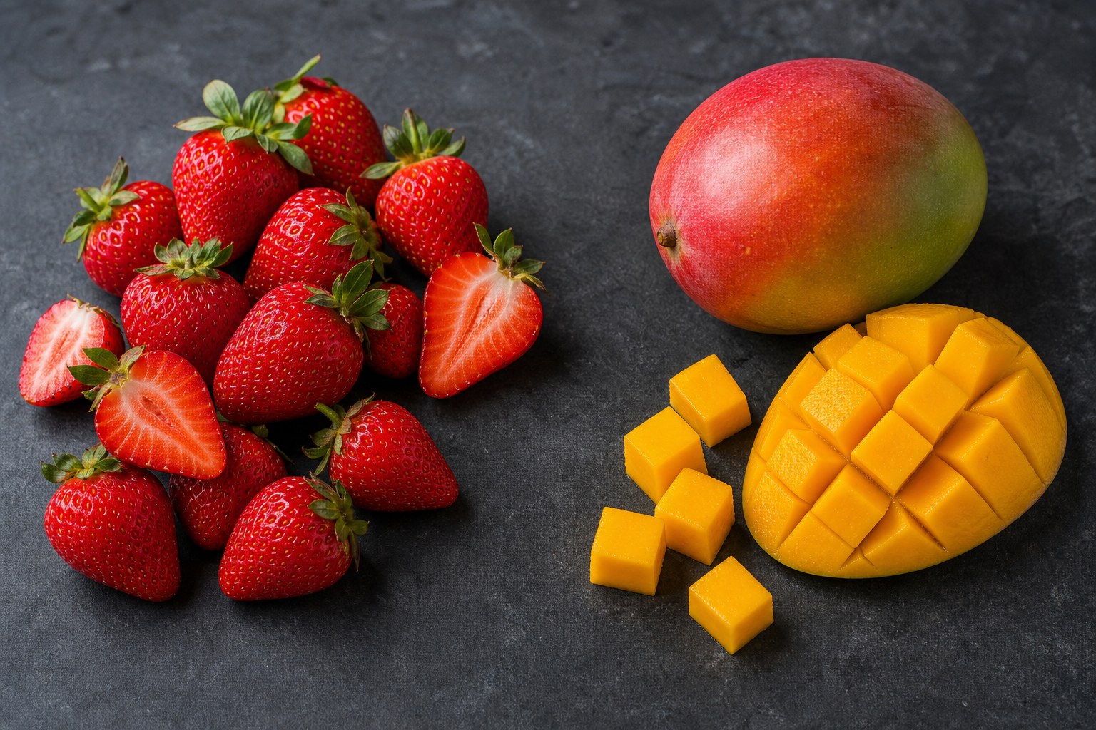 Fresh strawberries and a ripe mango with cut fruit arranged side by side on a dark stone surface