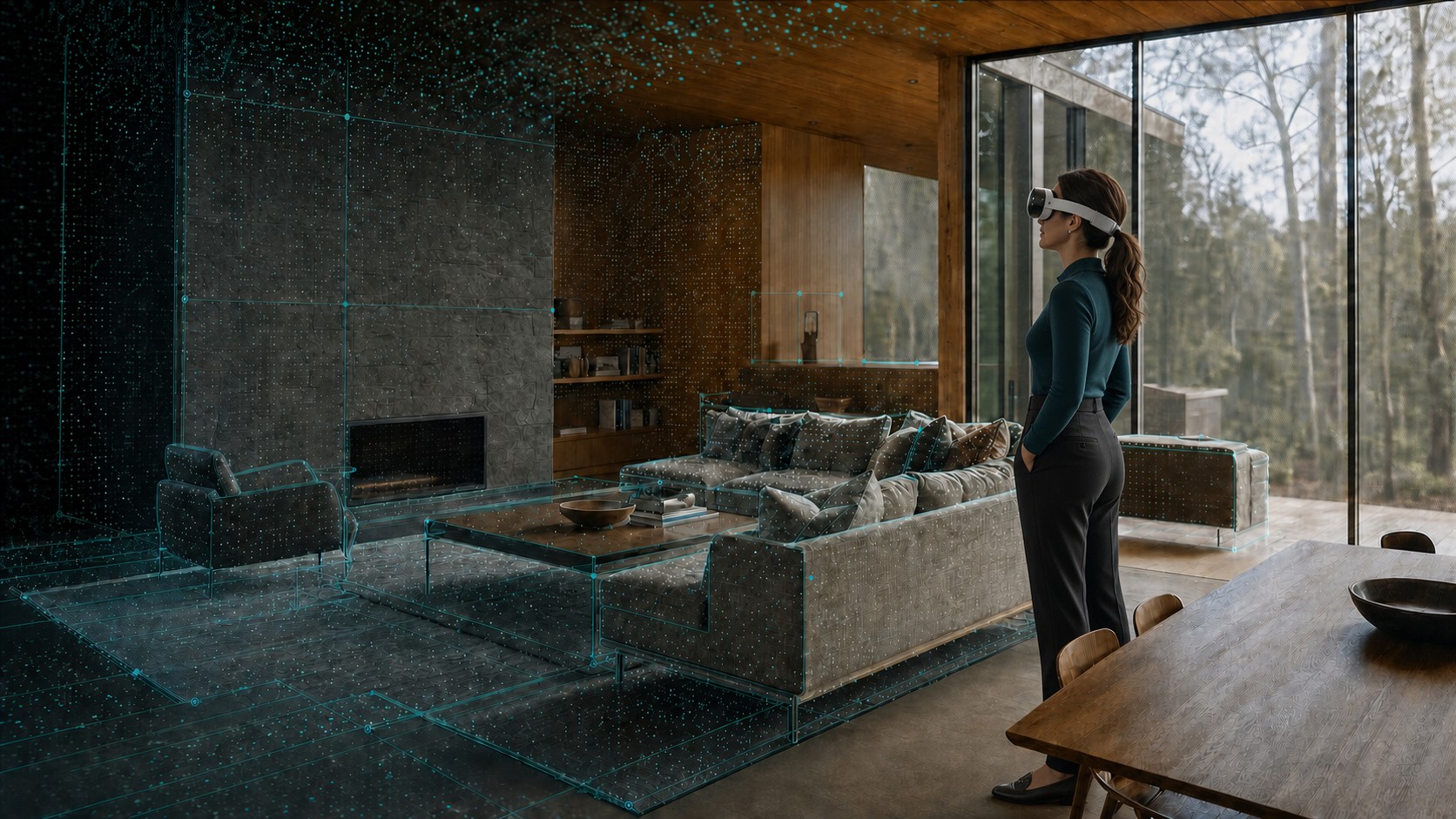 A woman wearing a mixed-reality headset in a spatially mapped living room